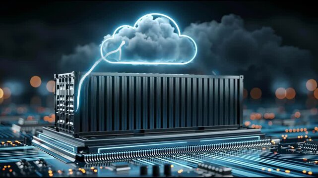 The container is placed on a chip with highlighted tracks, and a neon cloud floats above it. The concept of cloud computing, containerization, virtualization, and data centers.	