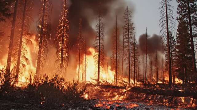 Forest fire burning trees with flames and smoke damage disaster