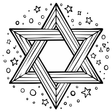 Black and white hand-drawn illustration of the Star of David with stars and bubbles.