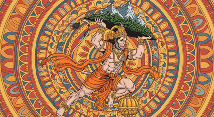 Obraz premium Hanuman carrying the Dronagiri mountain a symbol of strength and devotion.
