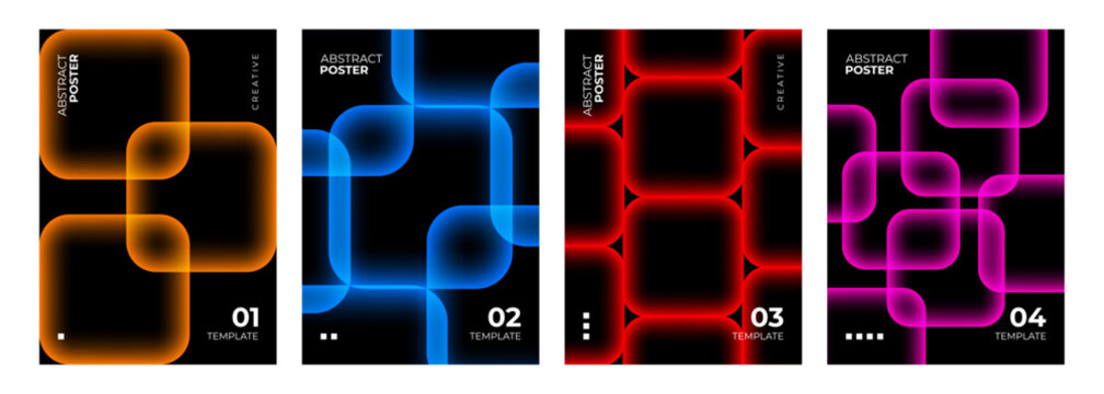 Set of Abstract Posters. Bright neon colored gradient square shapes on black background. Creative graphic designs. Vector illustration.