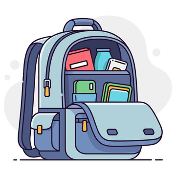 School backpack packed with books and supplies on floor. non editable strokes