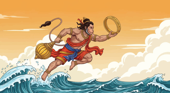 Hanuman jumping over ocean waves.