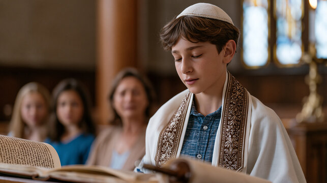 Young man in cap and tallit stands before an open Torah scroll at a bimah, reading aloud in Hebrew while his emotional mother and siblings watch from the front pew, the bar mitzvah rite of page capt