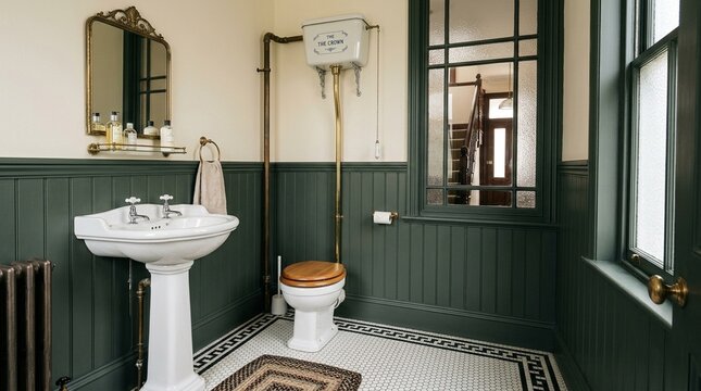Edwardian Bathroom Heritage Interior with High-Level Cistern Pull-Chain WC &mdash; Restored Period Bathroom