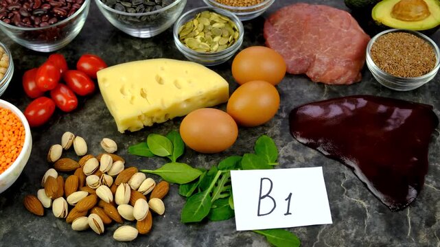Foods that contain vitamin B1. Selective focus.