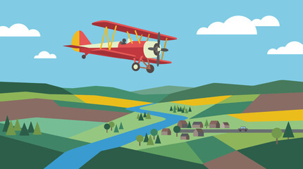 Fototapeta premium Red biplane flying over green hills and winding river