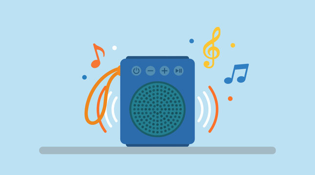 Portable bluetooth speaker playing music with floating notes