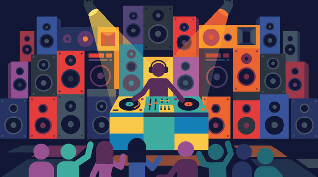 Disc jockey performing with massive speaker walls at festival
