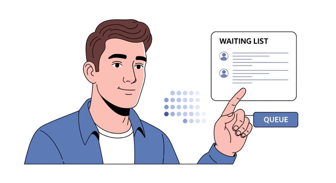 Man joining a digital waiting list queue on screen, business concept illustration