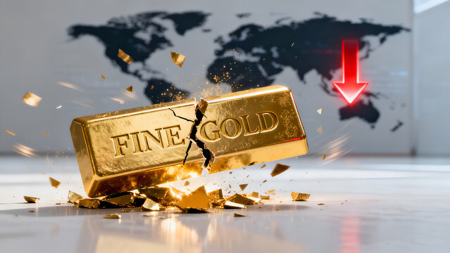 Conceptual 3D illustration of a broken fine gold bullion with a red arrow pointing down against a world map background symbolizing global financial crisis.