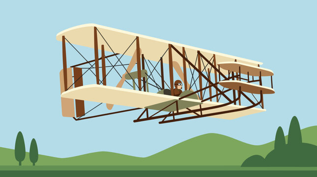 Early vintage biplane flying over green hilly landscape