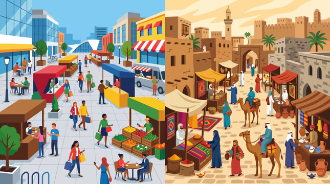 Comparison of contemporary urban market and ancient desert bazaar
