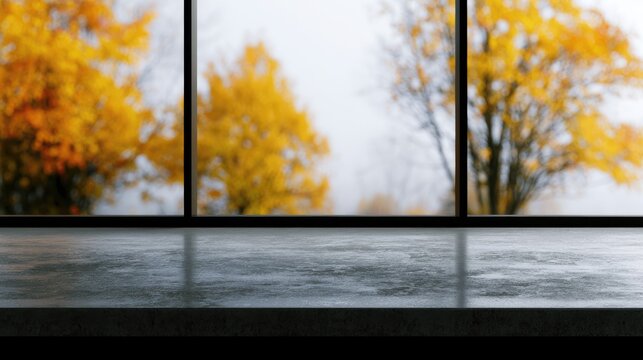 Misty autumn foliage viewed through large window with concrete surface