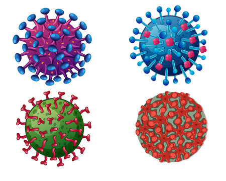 Set of different virus cell illustrations, microscopic view of bacterial strains, coronavirus and pandemic pathogens isolated on white background
