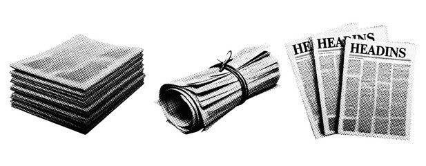 Plakat Newspaper stack roll and folded editions on white background. not ideal dots