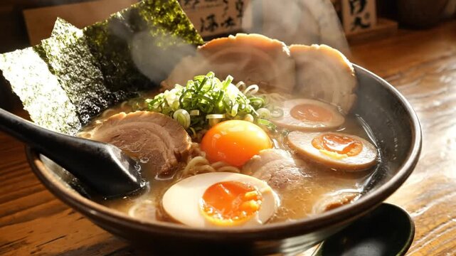 Delicious and steaming hot ramen bowl with chashu pork, soft boiled eggs, and seaweed served on a wooden table.