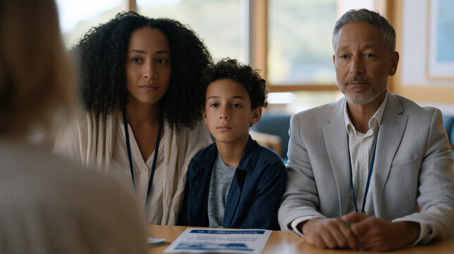 Social worker and school counselor sit with a withdrawn teenage boy and his parent at a hospital waiting room table, a printed pamphlet on preventing youth radicalization visible on the table betwee