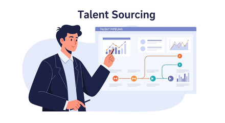 Fototapeta premium Man pointing at talent sourcing pipeline chart, business concept illustration