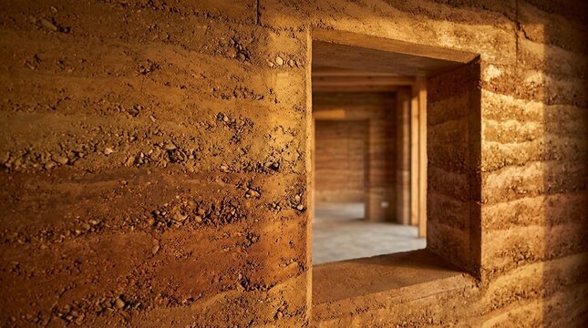 Rammed Earth Wall with Visible Layers Close-Up &mdash; Sustainable Architecture Material Stock Photo