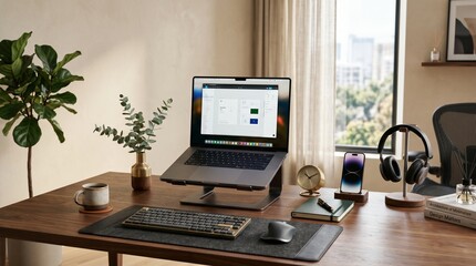 Fototapeta premium Modern and organized home office setup with a laptop on a stand, offering an ergonomic and productive remote workspace ideal for digital professionals and work-from-home concepts