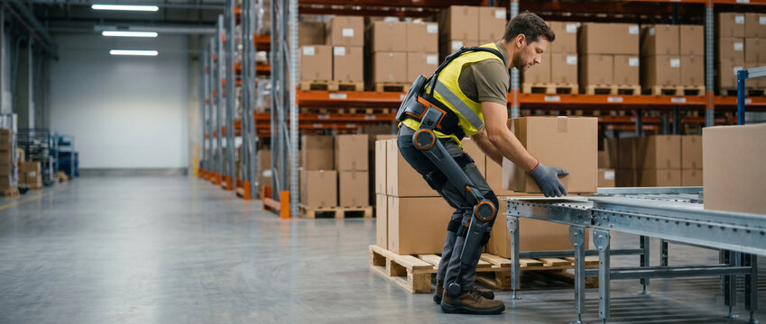 Warehouse worker using an exoskeleton for safe box lifting