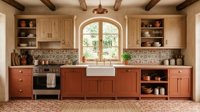 Terracotta and Wood Kitchen Cabinets with Warm Palette &mdash; Earthy Kitchen Interior Design