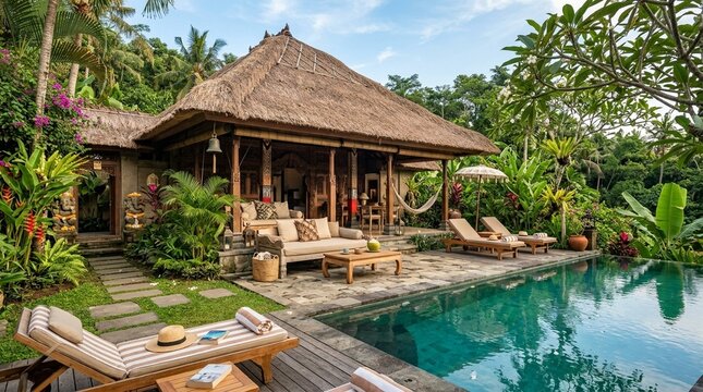 Tropical Villa Pool Terrace with Alang-Alang Thatch &mdash; Balinese Outdoor Living Stock Photo