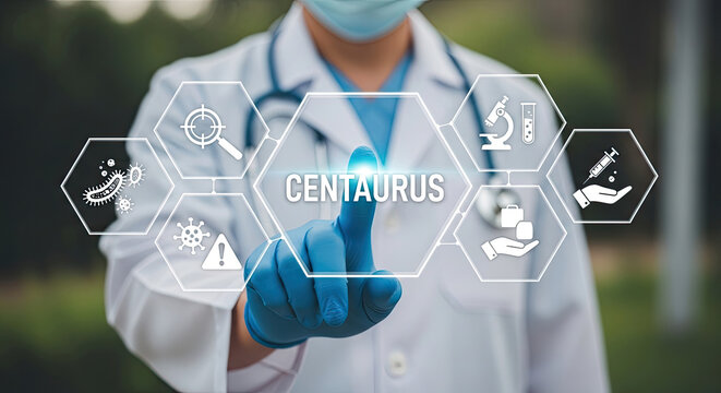 Medical professional in lab coat interacting with digital interface displaying Centaurus logo and health icons outdoors