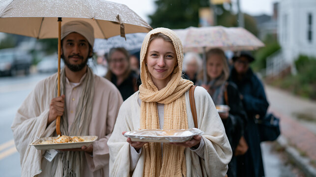 Multicultural group of neighbors carries homemade fothrough the rain-soaked streets toward a shared interfaith community potluck dinner held in a local mosque community hall, umbrellas bobbing above