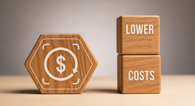Wooden blocks with cost reduction concept, lower costs, saving money, finance and economy, business strategy, dollar sign, arrows, hexagon, cubes