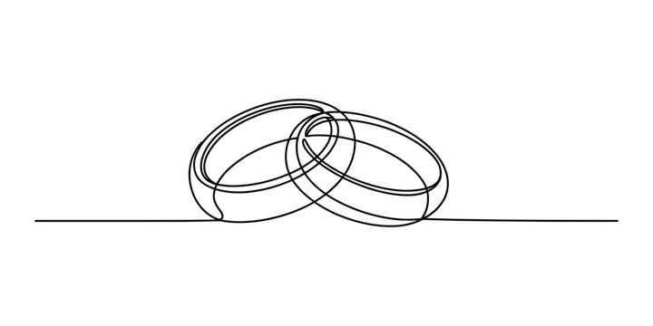 Continuous single line drawing of two connected wedding rings representing eternal love and marriage commitment in a minimalist artistic style