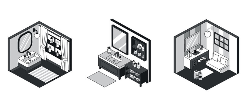 Bathroom and vanity setups rendered in isometric interior room modules