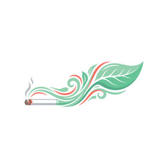 Obraz premium Lit cigarette transforming into a natural green leaf with decorative swirling smoke patterns in a stylized modern vector art design
