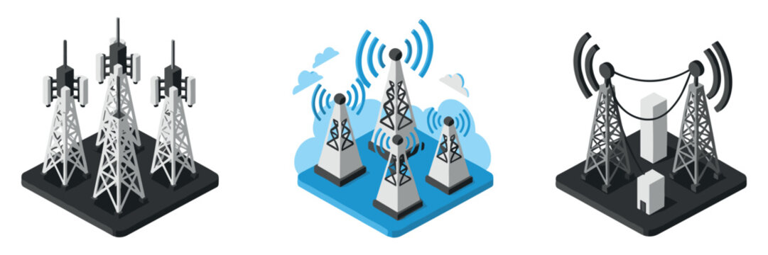 Cellular communication towers transmitting signals on plain background