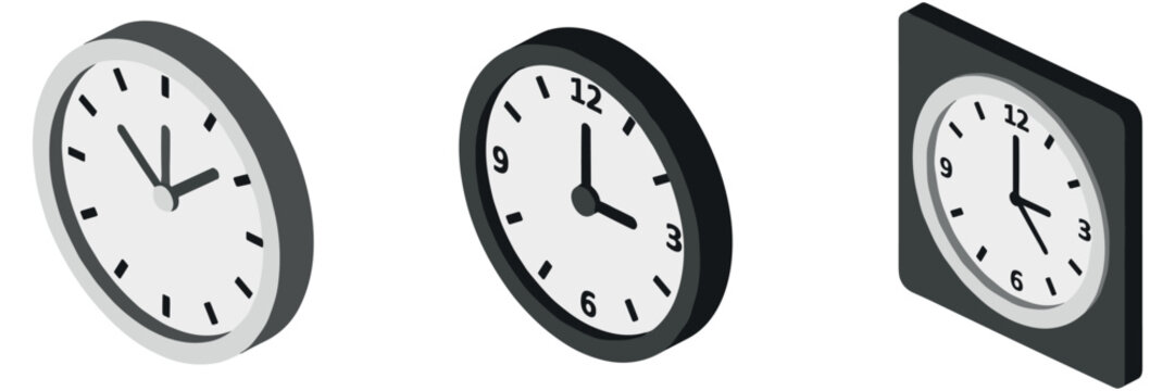 Wall clocks showing different times on white background