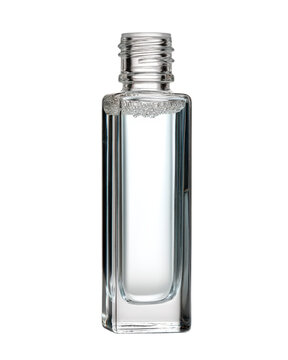 Empty rectangular glass bottle standing isolated on transparent background featuring clear smooth texture and professional studio lighting for high end cosmetic packaging design and