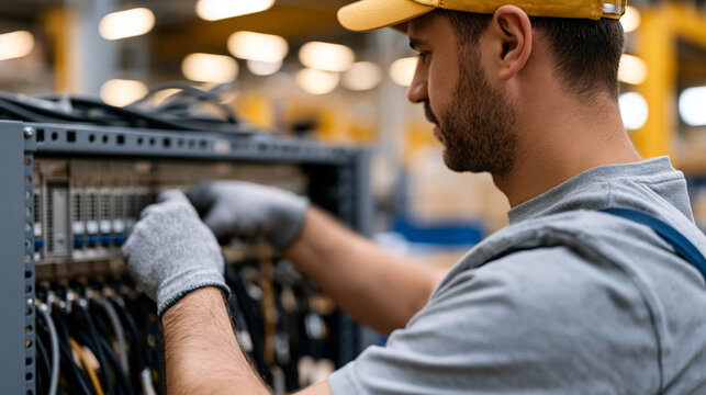 Gloved technician in a factory processing facility carefully dismantling an outdated server rack, illustrating e-waste management, industrial recycling, technology disposal industry, circular econom