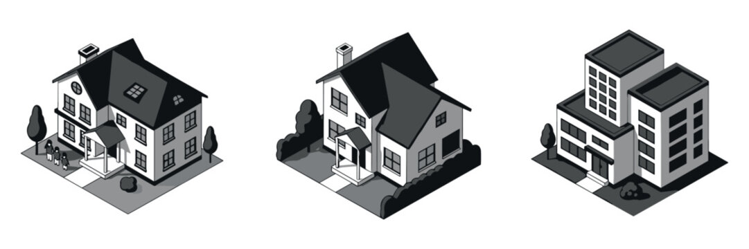 Residential houses and apartment models arranged in isometric layout