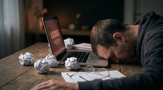 Stressed man holding head at desk with laptop showing system failure