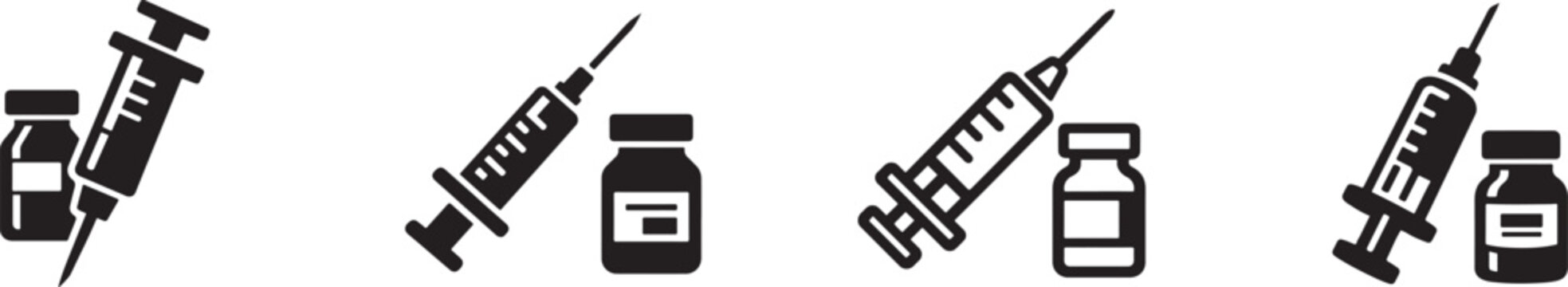 Medical syringe and vaccine vial line icon set for injection, vaccination and treatment.