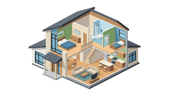 Cutaway view of a modern house interior showing multiple rooms and furniture.