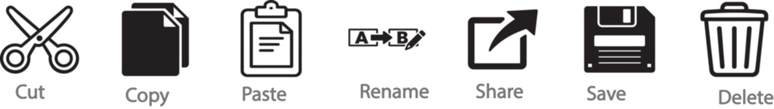 Cut, copy, paste, rename, share, save and delete icon set in line and glyph styles.