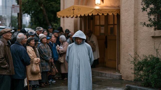 Crowd of elderly and middle-aged parishioners stands outside a small neighborhochurch in rain-soaked streets sharing news after Sunday service, a mixed group of immigrants and longtime residents for