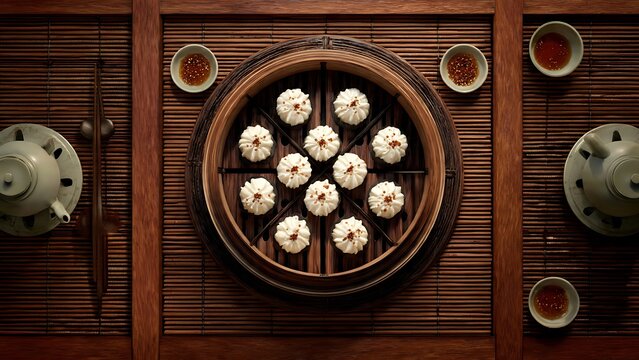 Steamed dumplings on wooden table setting.