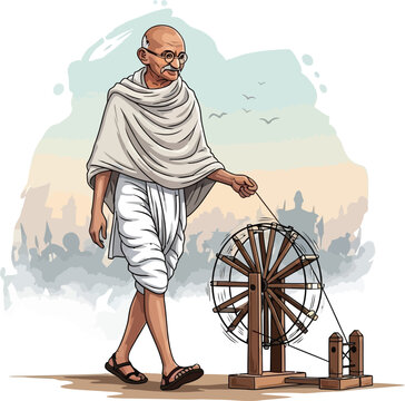 Mahatma Gandhi spinning khadi on a traditional charkha.