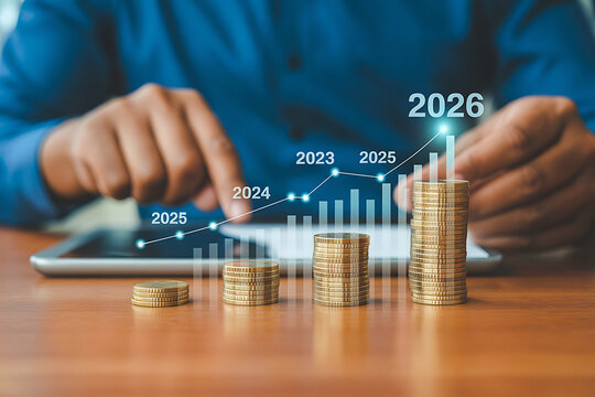 Stacks of coins and growing graph showing financial projections for 2026.