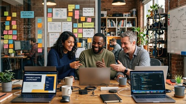 Startup team celebrating successful project launch in creative office with laptops. Concept of product teamwork, small company growth, launch milestone and collaborative digital business.