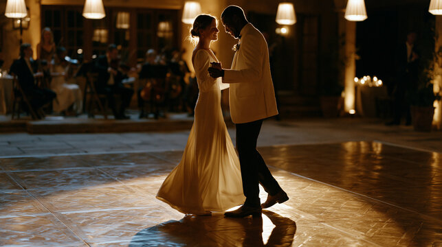 Bride and groom gliding across a reflective parquet dance floor at a ch&acirc;teau reception, a live string quartet visible in the background, overhead pendant lighting casting a warm golden arc that trac