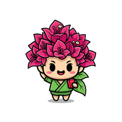 Obraz premium Cute cartoon mascot character of a bougainvillea plant with pink flower petals on its head wearing a green kimono and holding a red book, isolated on white background vector illustration.